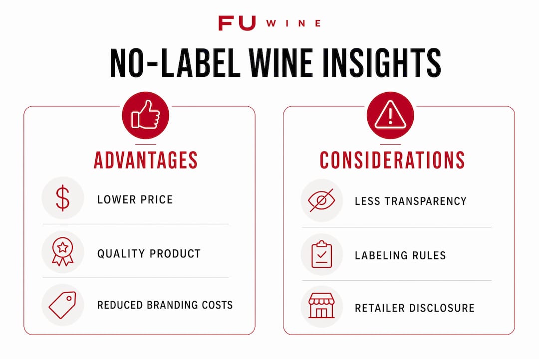 Infographic comparing no-label wine pros and cons