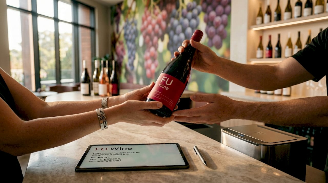 Hands exchanging a wine bottle in distribution