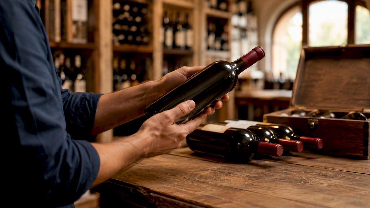 Close-up of hands inspecting wine bottle label