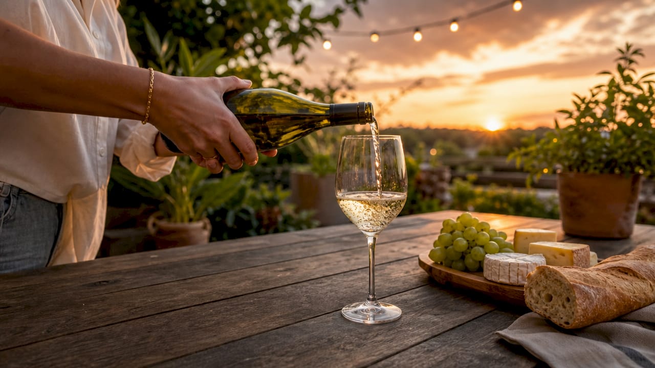 Hands pouring Pinot Grigio wine at kitchen island
