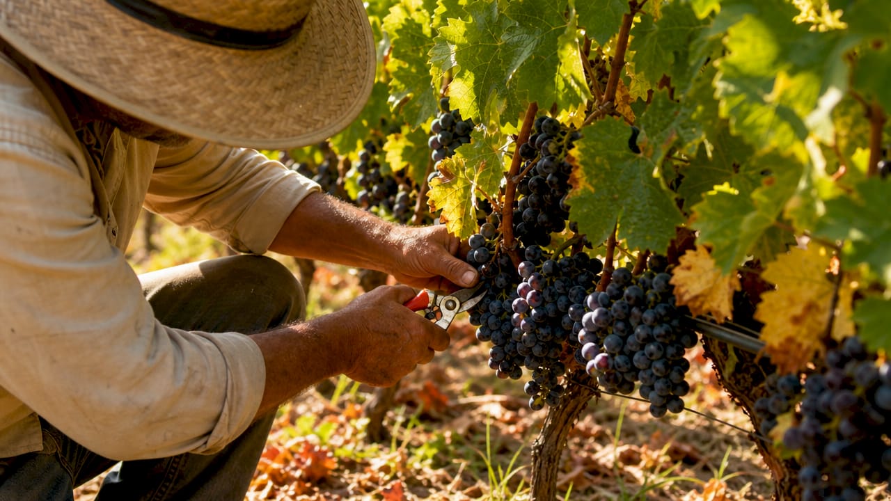 Hands harvesting grapes at a vineyard