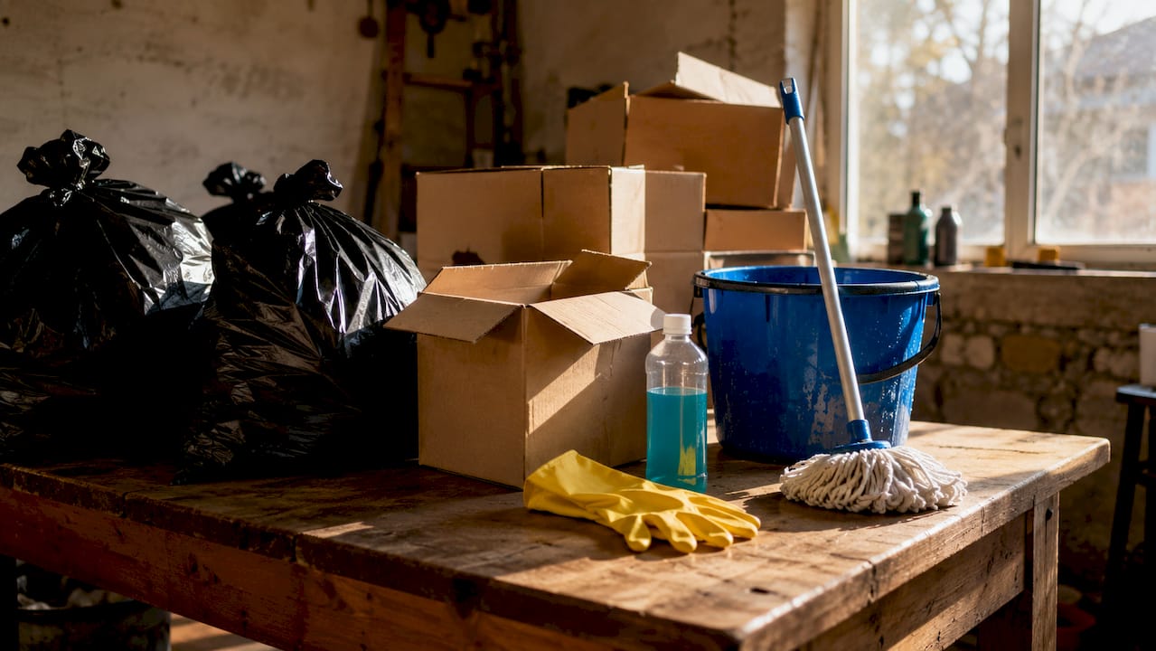 Cellar clearance supplies on wooden table