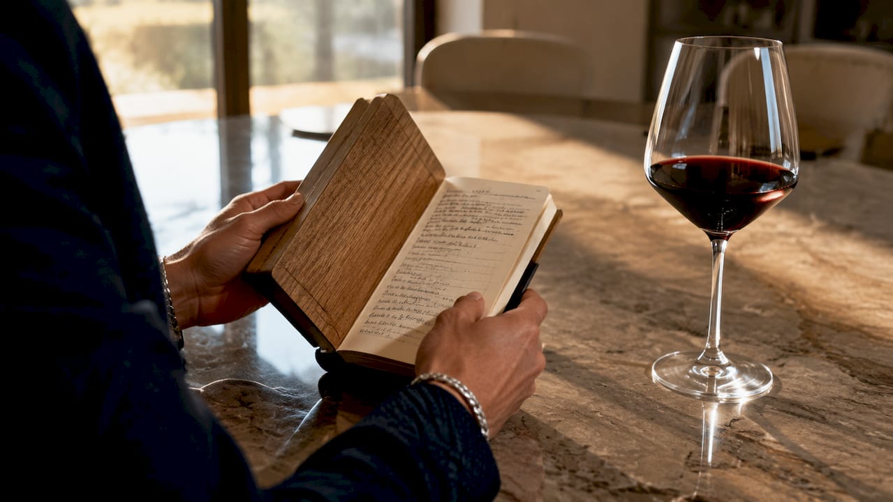 Hands holding tablet with wine price chart and glass