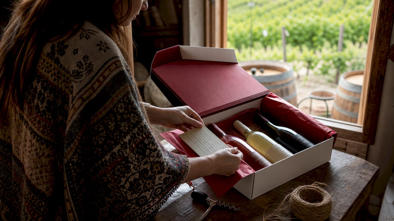Hands packing curated rotating wine subscription box