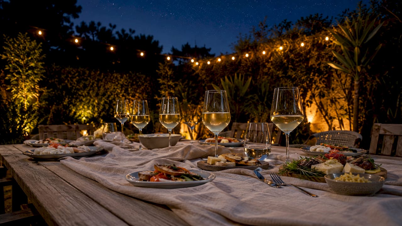 White wine glasses paired with matching food samples
