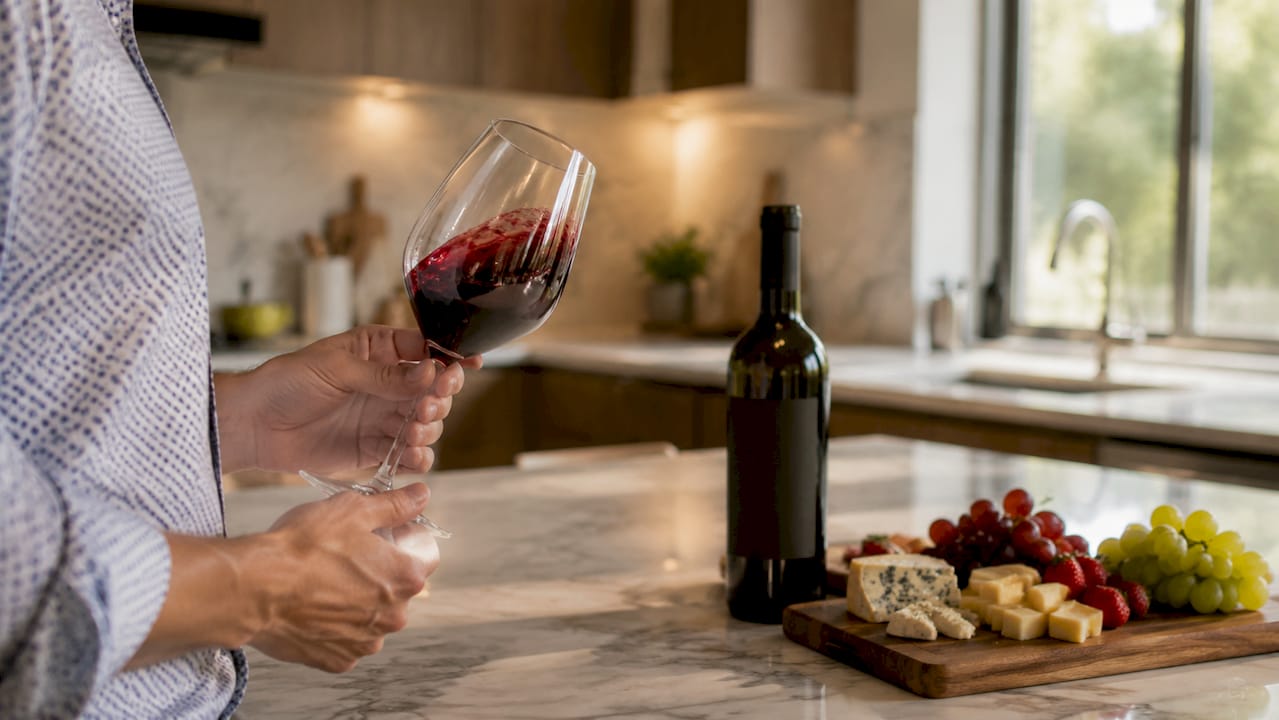 Hands swirling red wine glass at home tasting