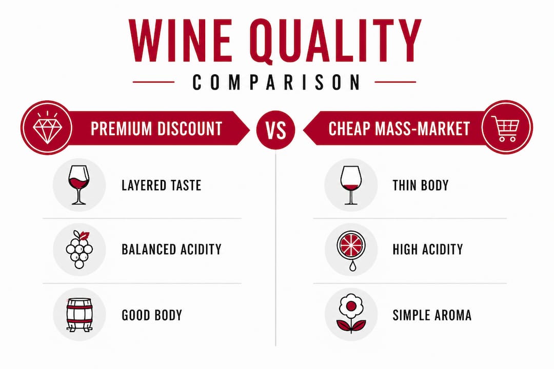 Infographic comparing premium discount and cheap mass-market wines
