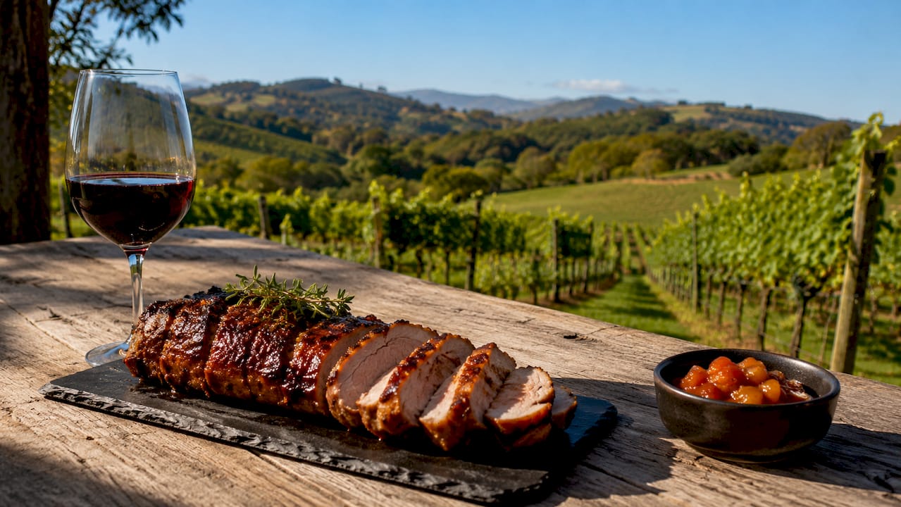 Cooked pork tenderloin with light red wine glass