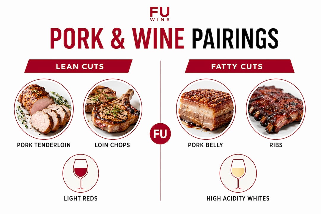 Infographic showing wine pairings for lean and fatty pork cuts