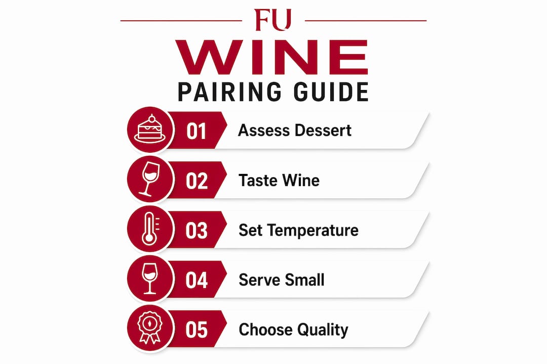 Infographic summarizing steps for pairing wine with crème brûlée