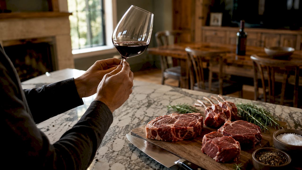 Hands holding wine glass near red meat cuts