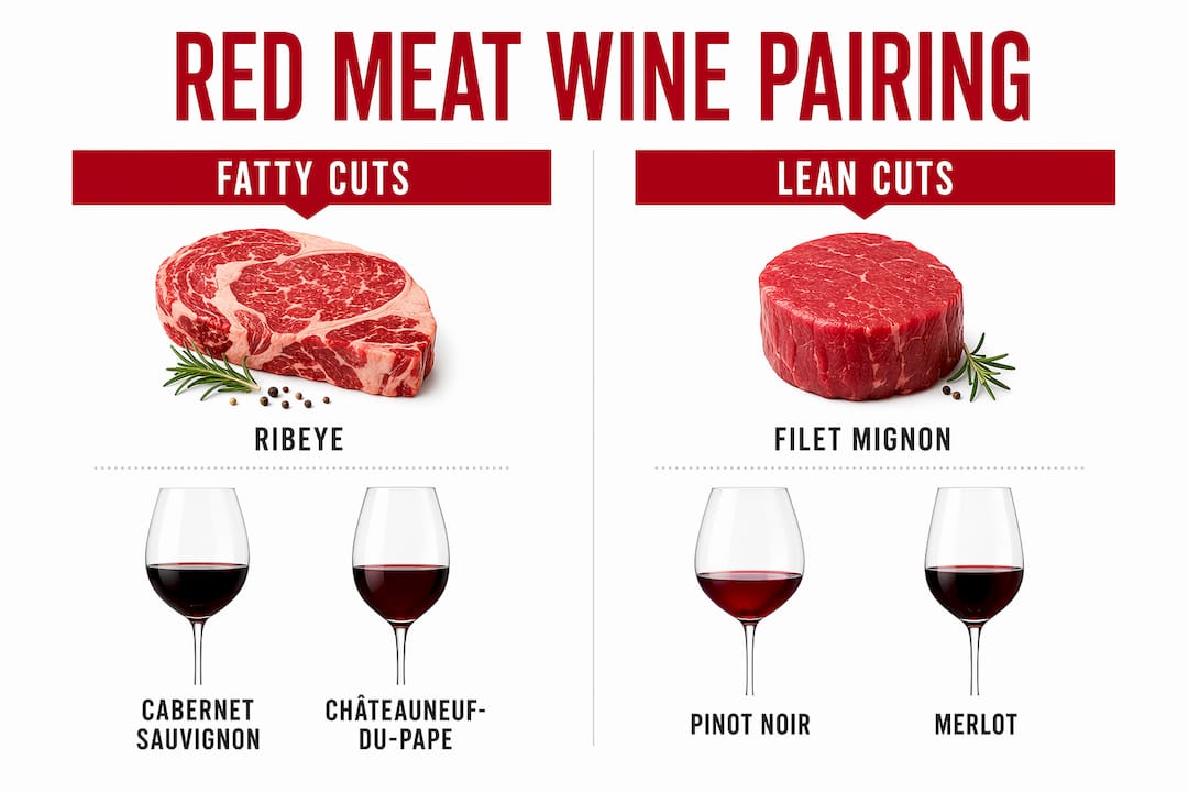 Infographic comparing wine pairings for fatty and lean red meat cuts