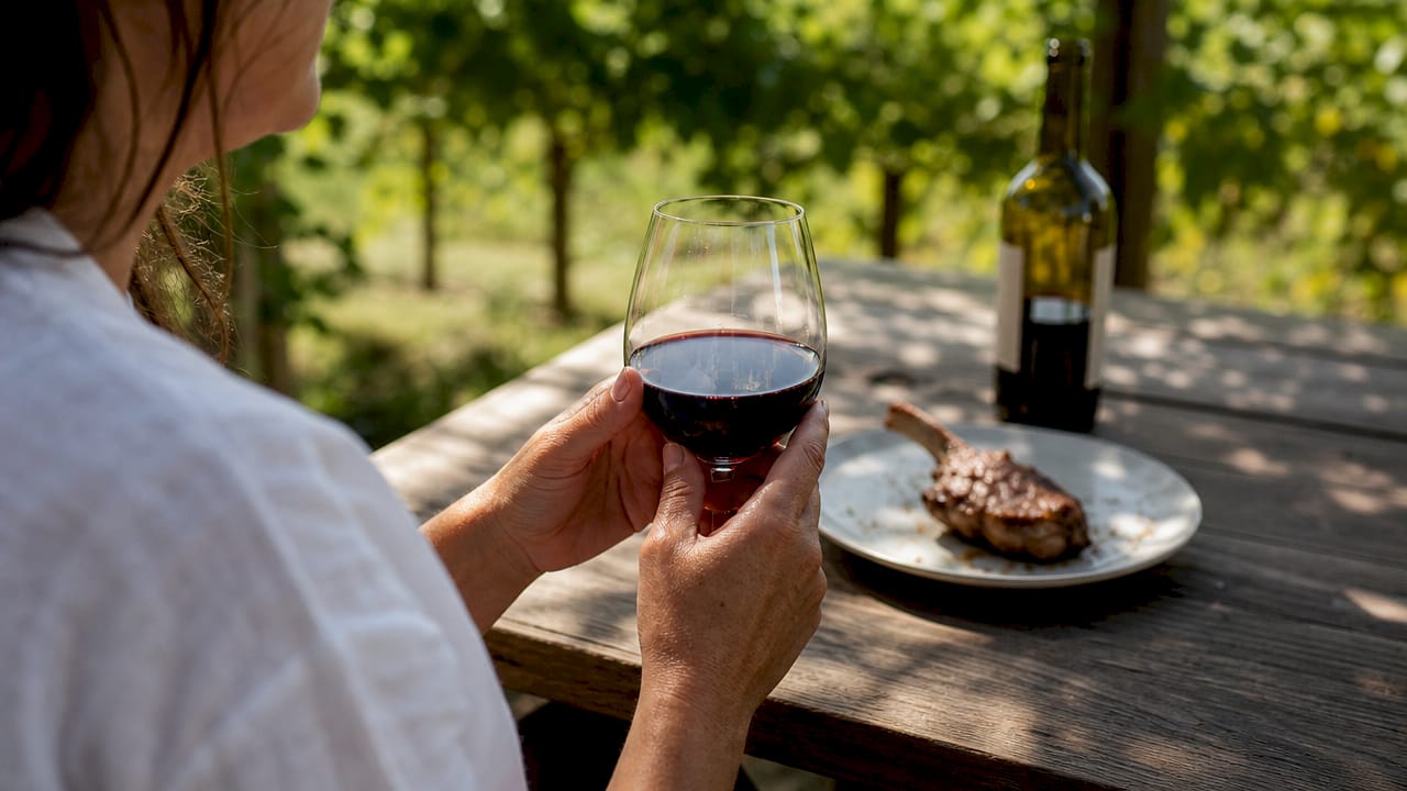Hands holding glass of Shiraz wine at home dining table