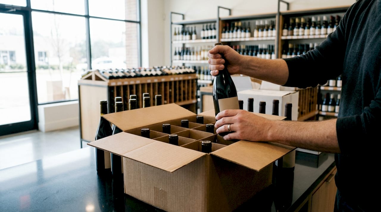 Hands packing wine case in retail back room