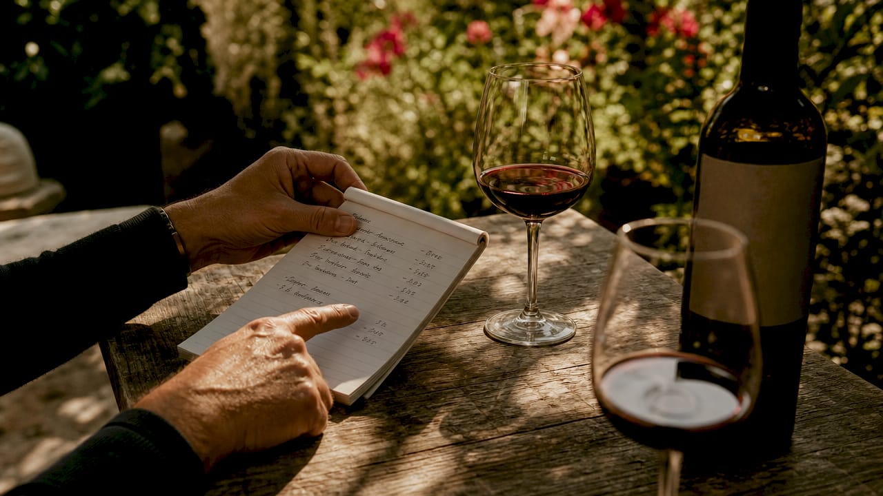 Hands calculating wine pricing tiers