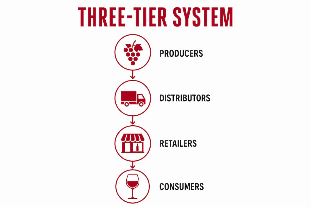 Infographic showing three-tier wine distribution system steps