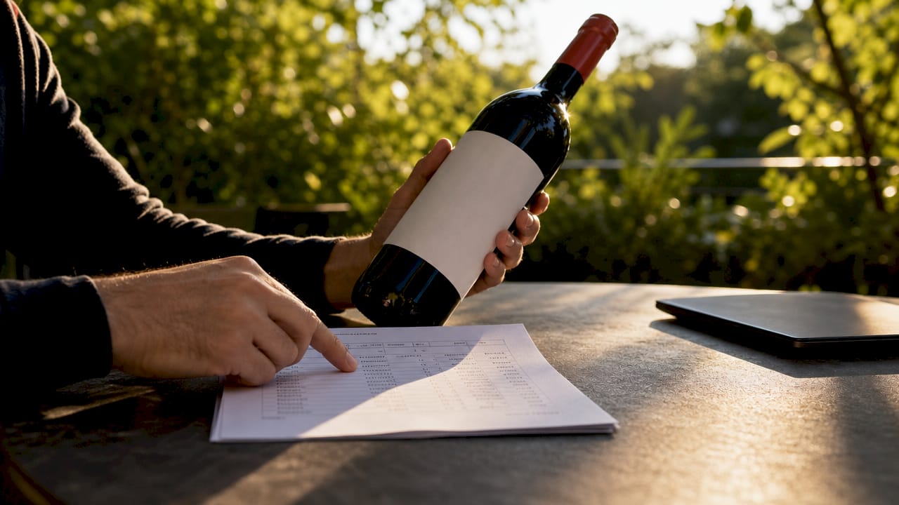 Hands examining wine cost breakdown and bottle close-up