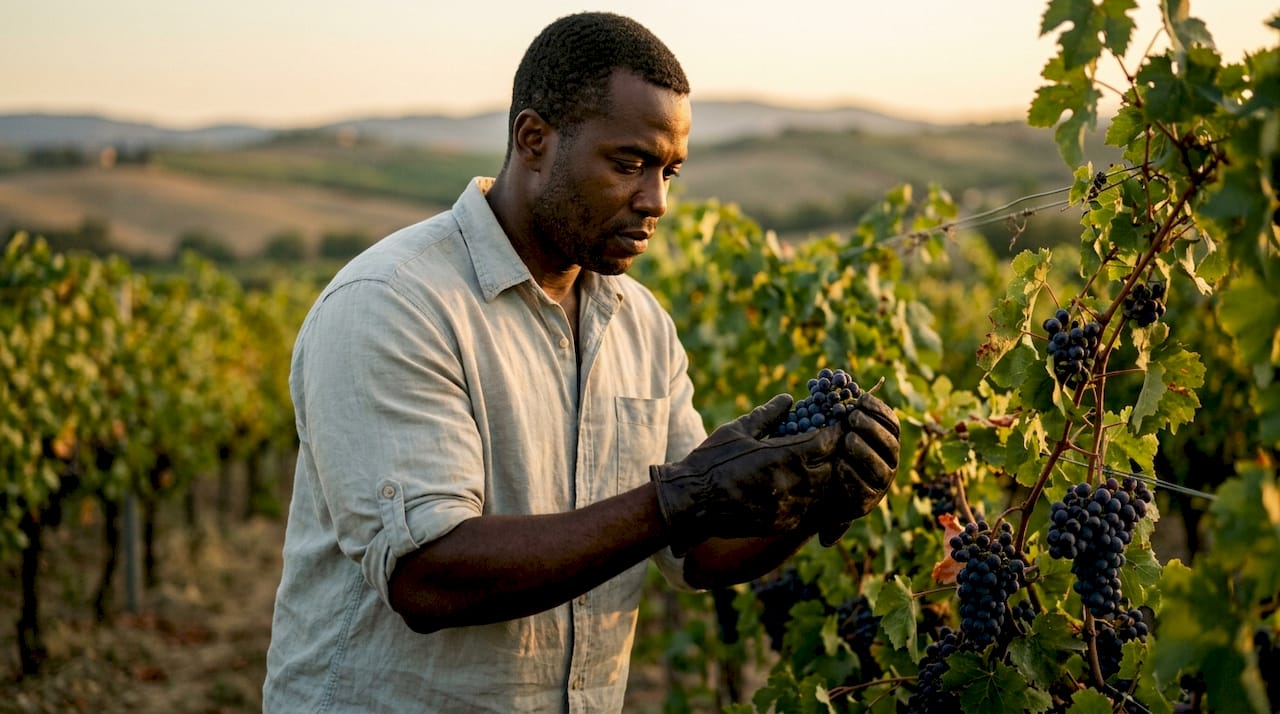Hands selecting grapes in vineyard