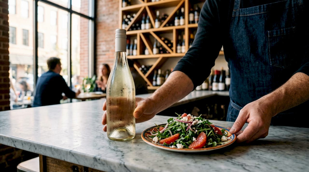 Sommelier arranging white wine and salad plate