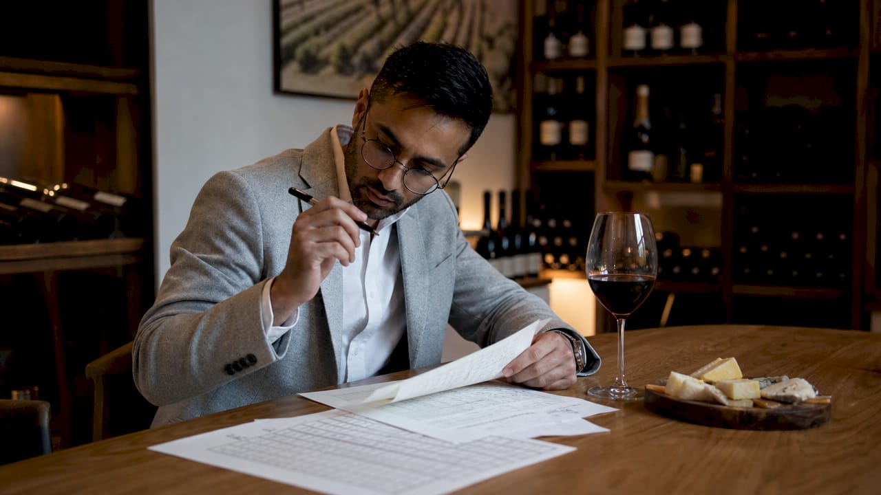 Man reviewing vintage wine rating sheets at bar