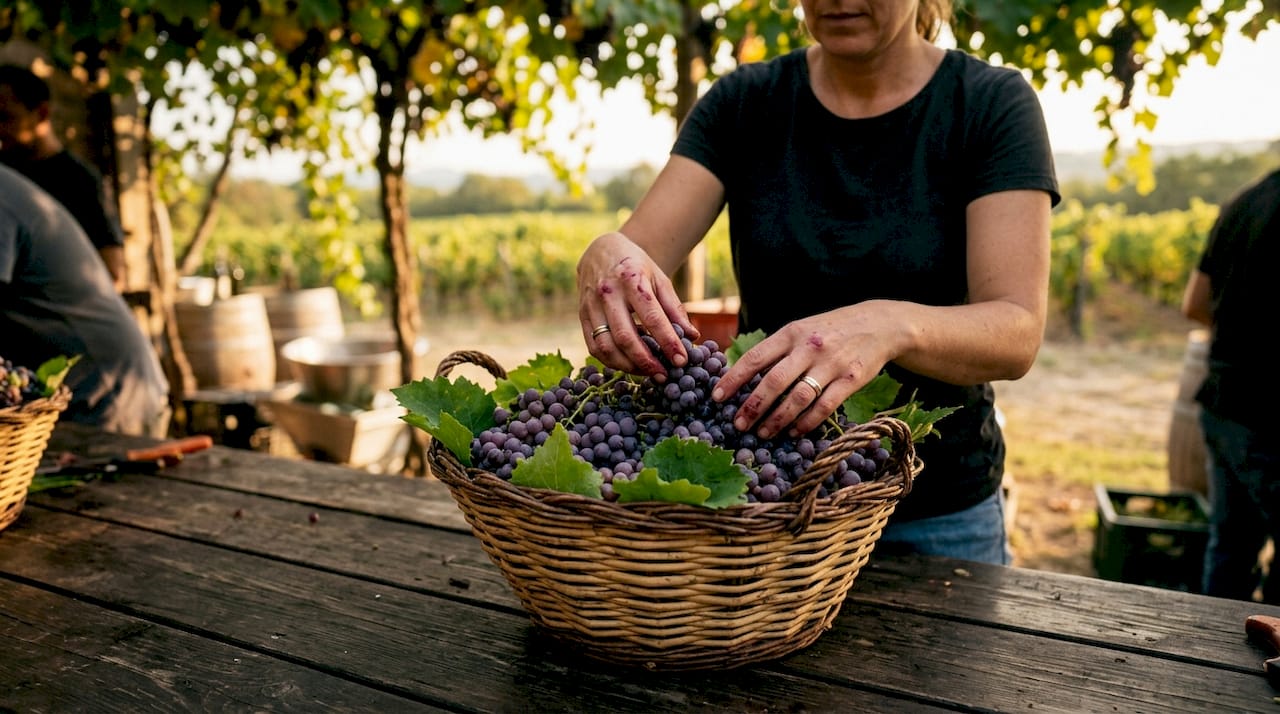 Winemaker sorting grapes for small batch fermentation