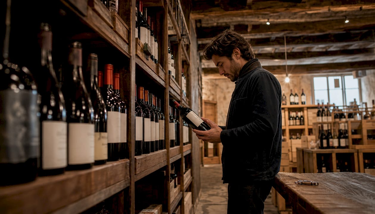 Young man browsing red wine bottles in store