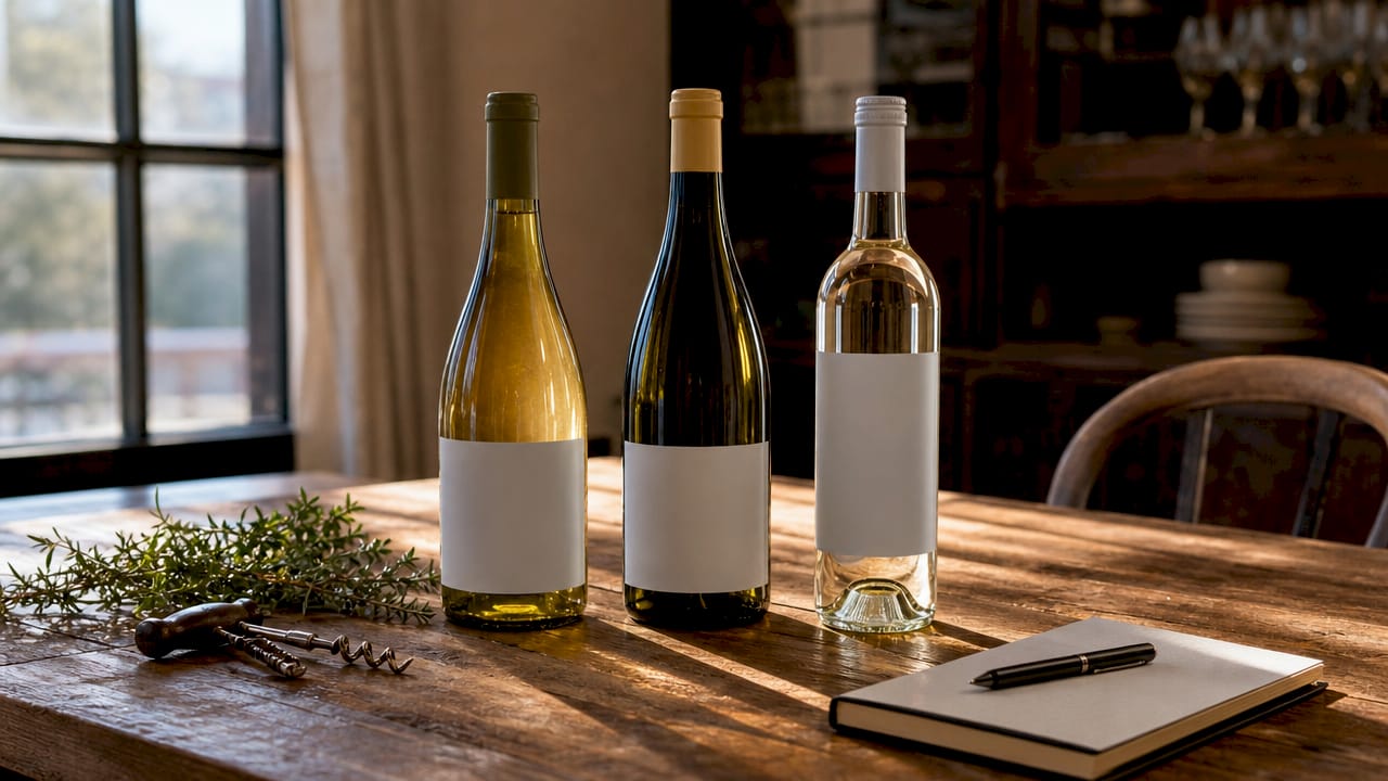 Close-up of French white wine bottles on countertop