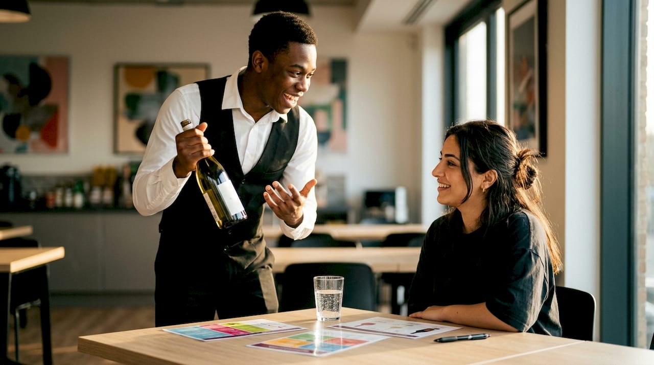 Waiter practicing wine recommendation role play