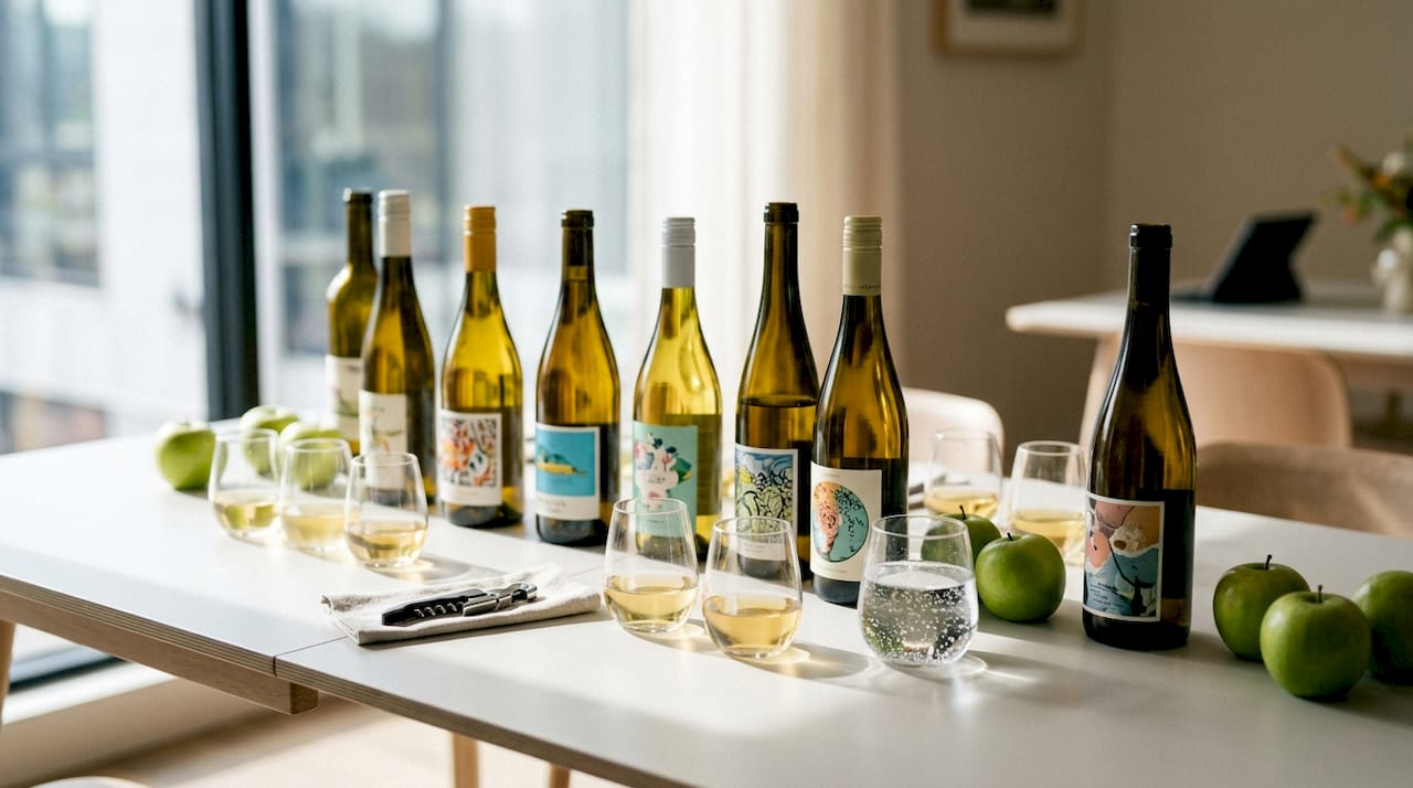 Overhead display of popular white wine bottles and glasses
