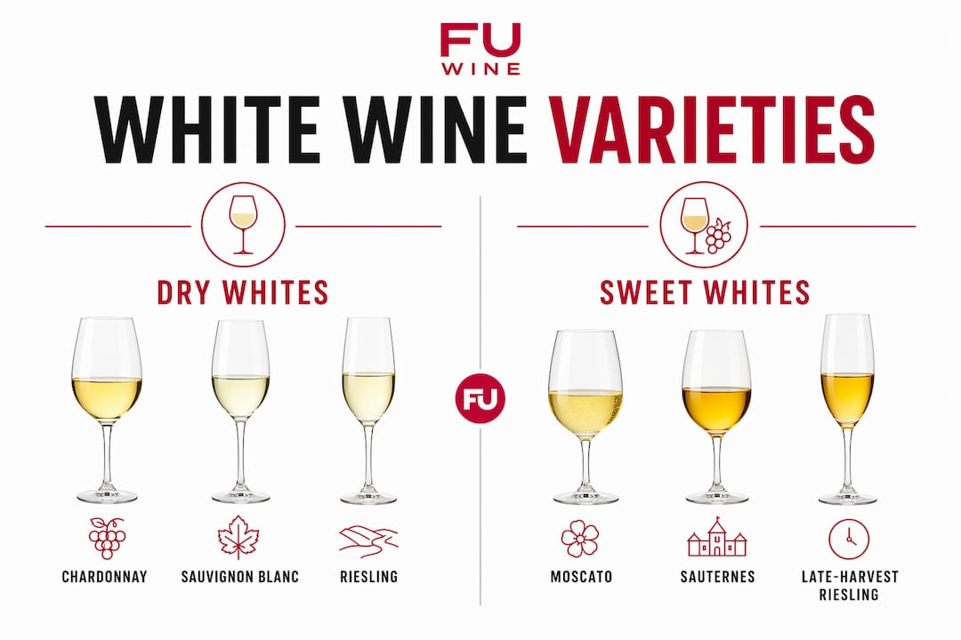 Infographic comparing dry and sweet white wine varieties