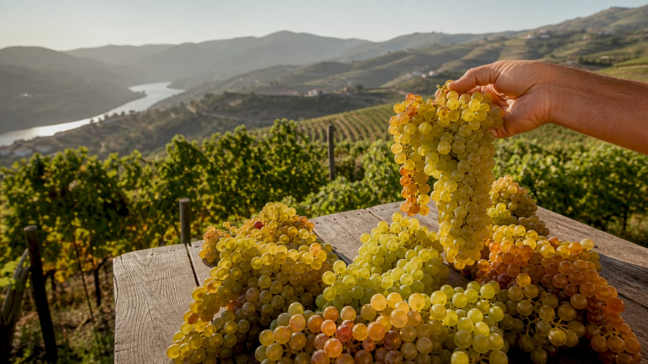 Close-up of white fortified wine grape varieties