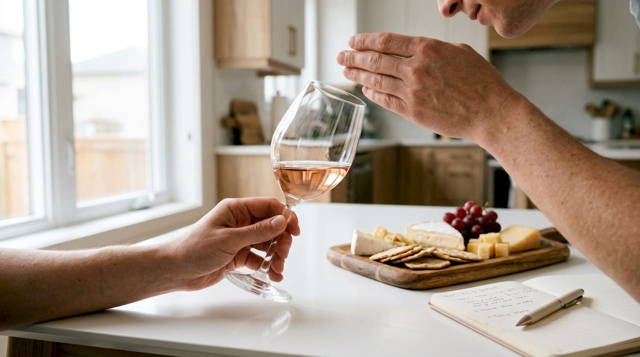 Hands demonstrating wine tasting steps over table