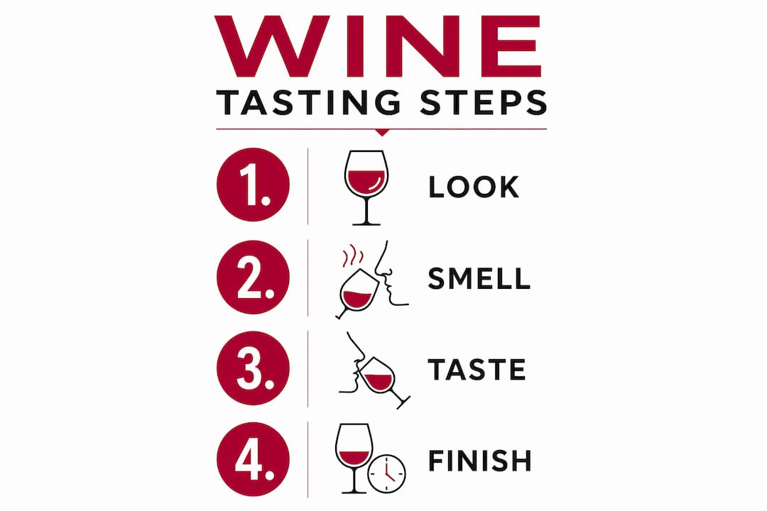 Infographic illustrating four wine tasting steps