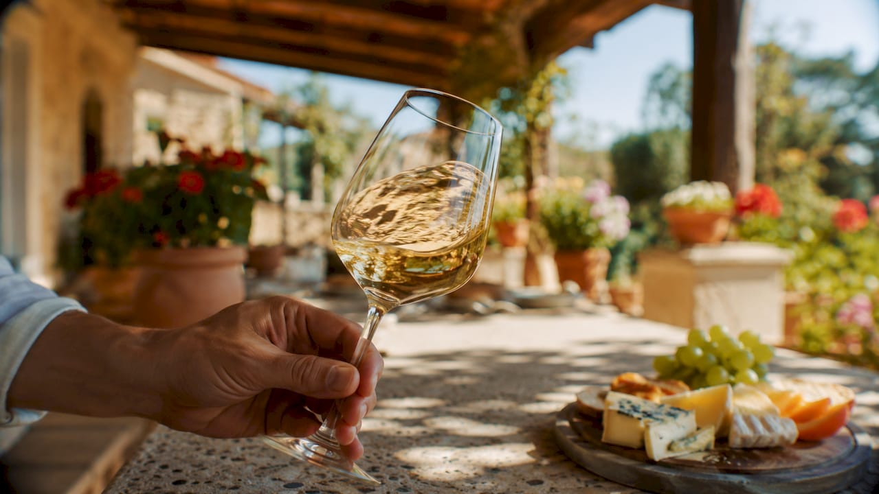 Close-up white wine glass showing golden color