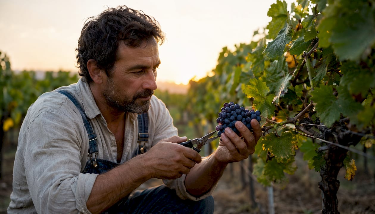 Winemaker inspecting grapes in vineyard