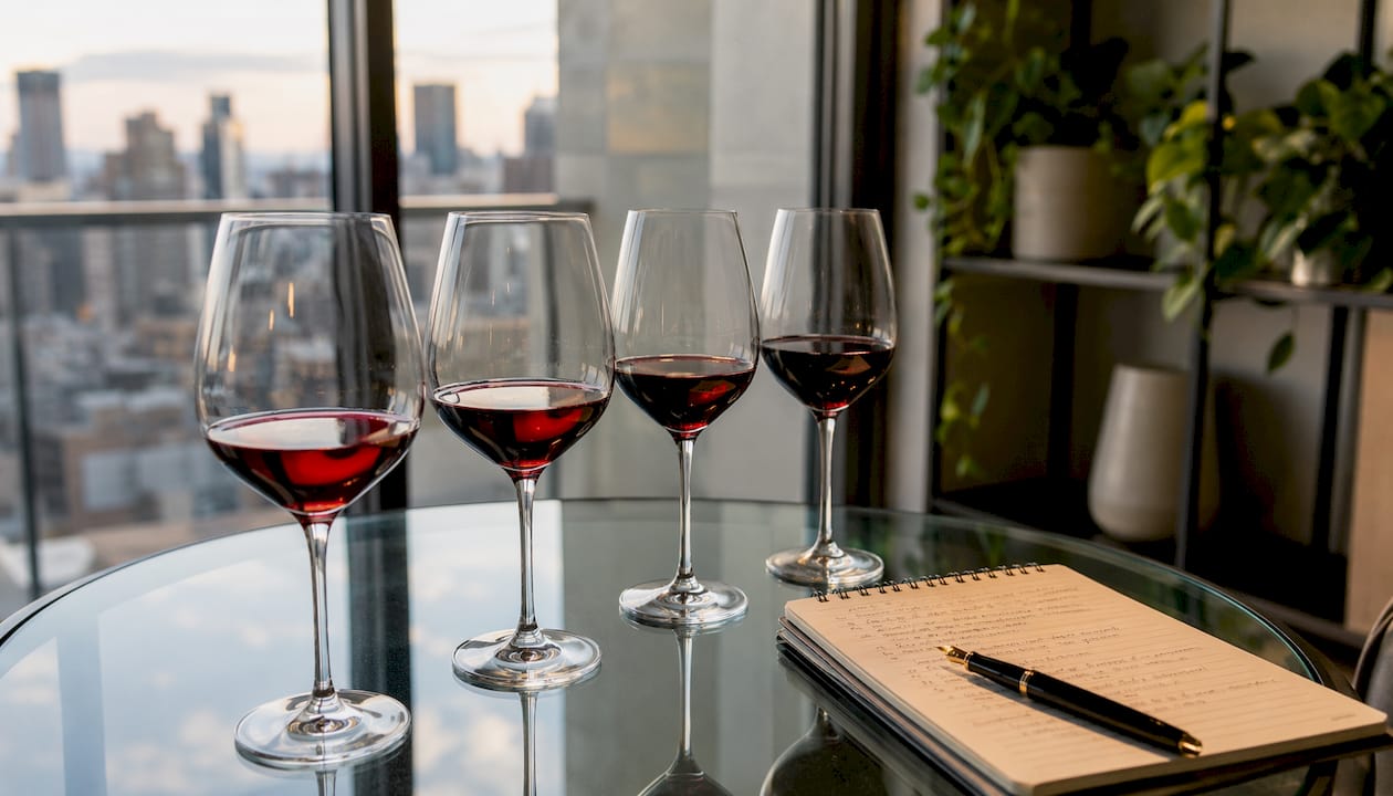 Tasting setup comparing Merlot red wine strengths