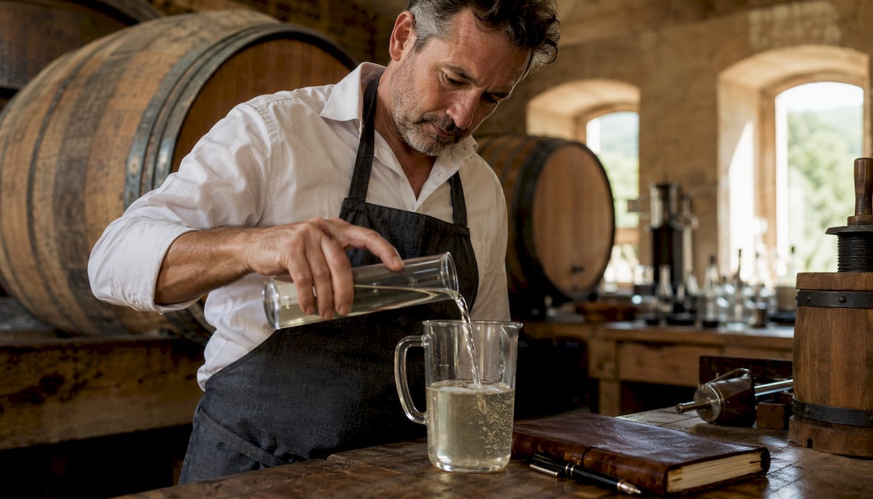 Winemaker pouring clear juice from red grapes