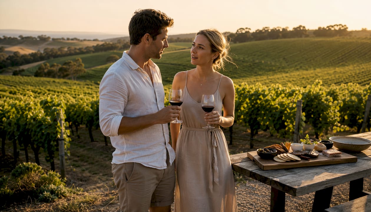Couple enjoying wine tasting at McLaren Vale winery
