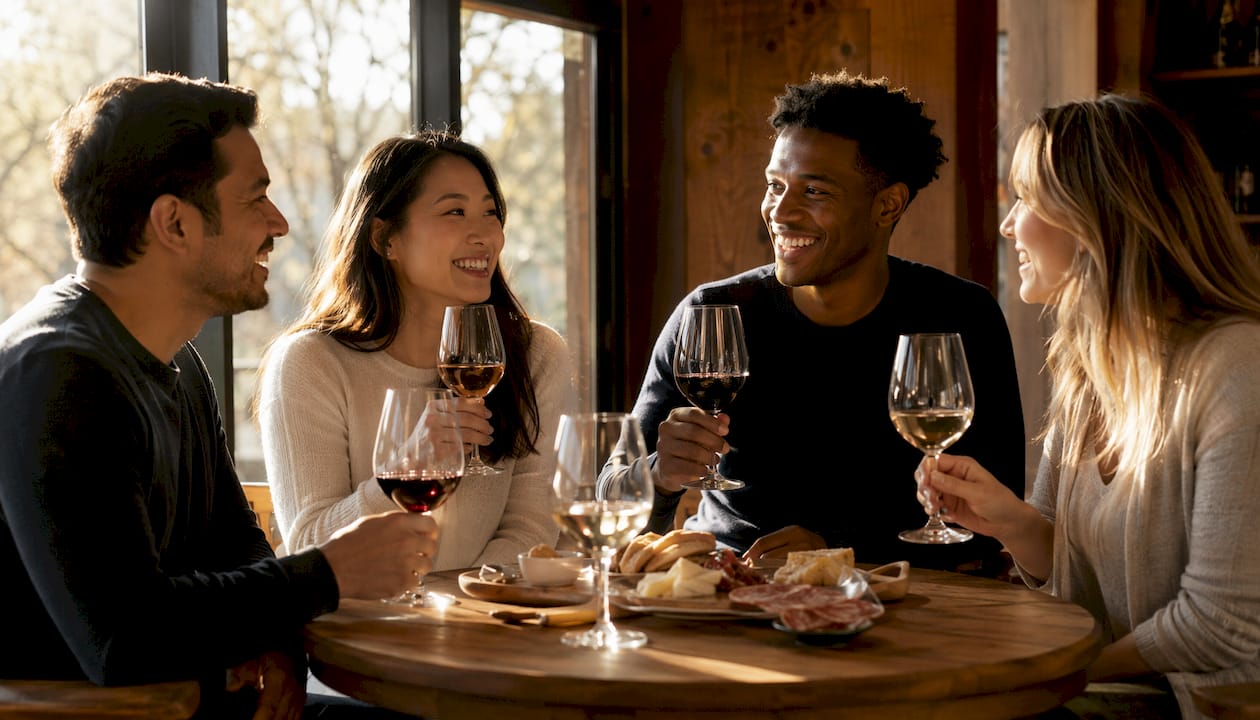Group wine tasting outdoors at vineyard terrace
