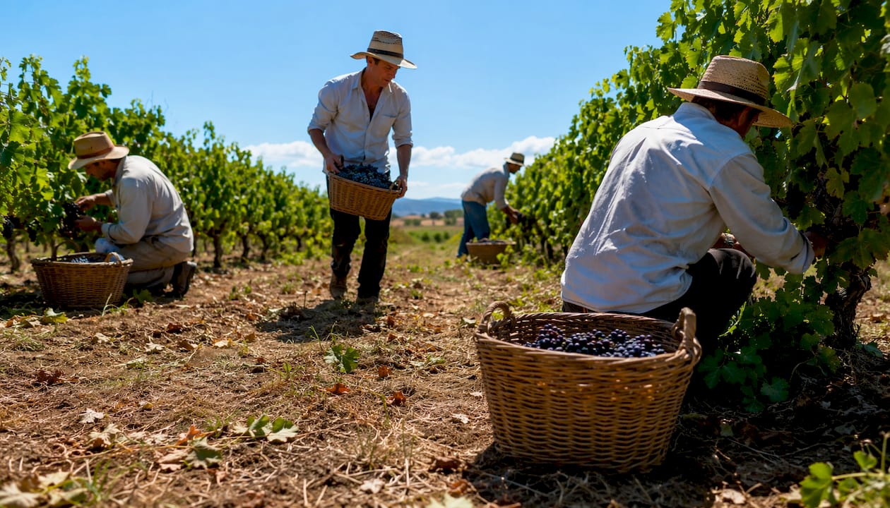 Workers tending Australian vineyard at golden hour
