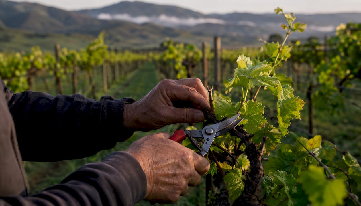 Harvesting grapes in Old World vineyard