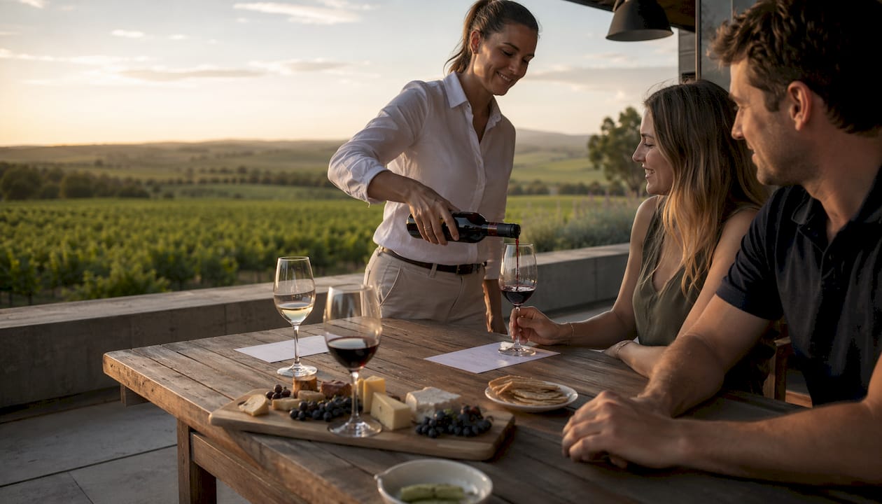 Sommelier pouring Shiraz in Australian winery