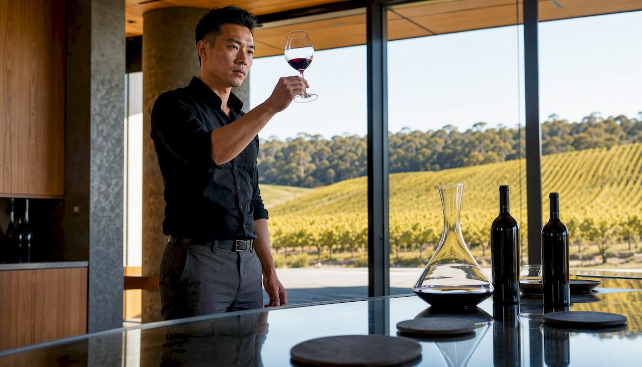 Sommelier inspecting Cabernet Sauvignon wine glass