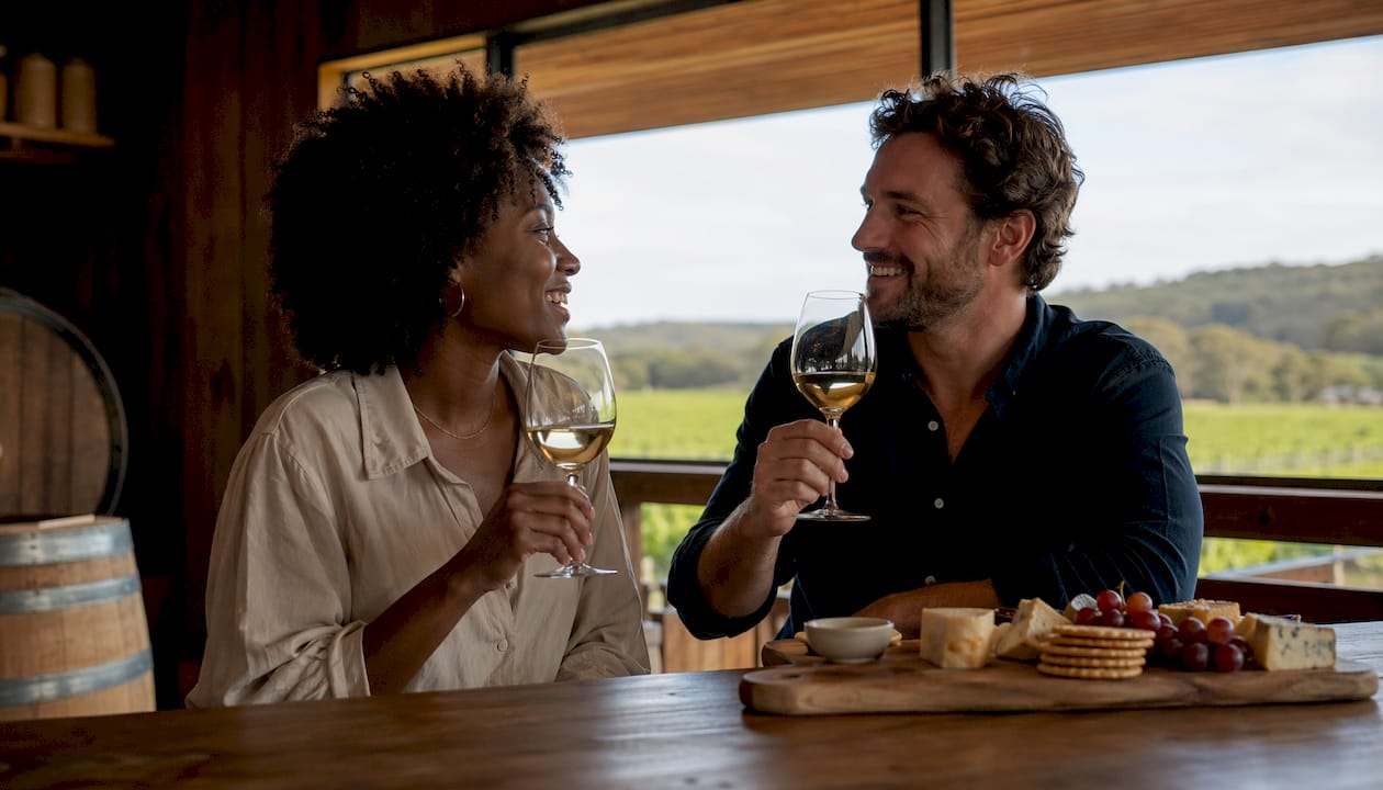 Diverse group enjoying wine tasting at cellar door