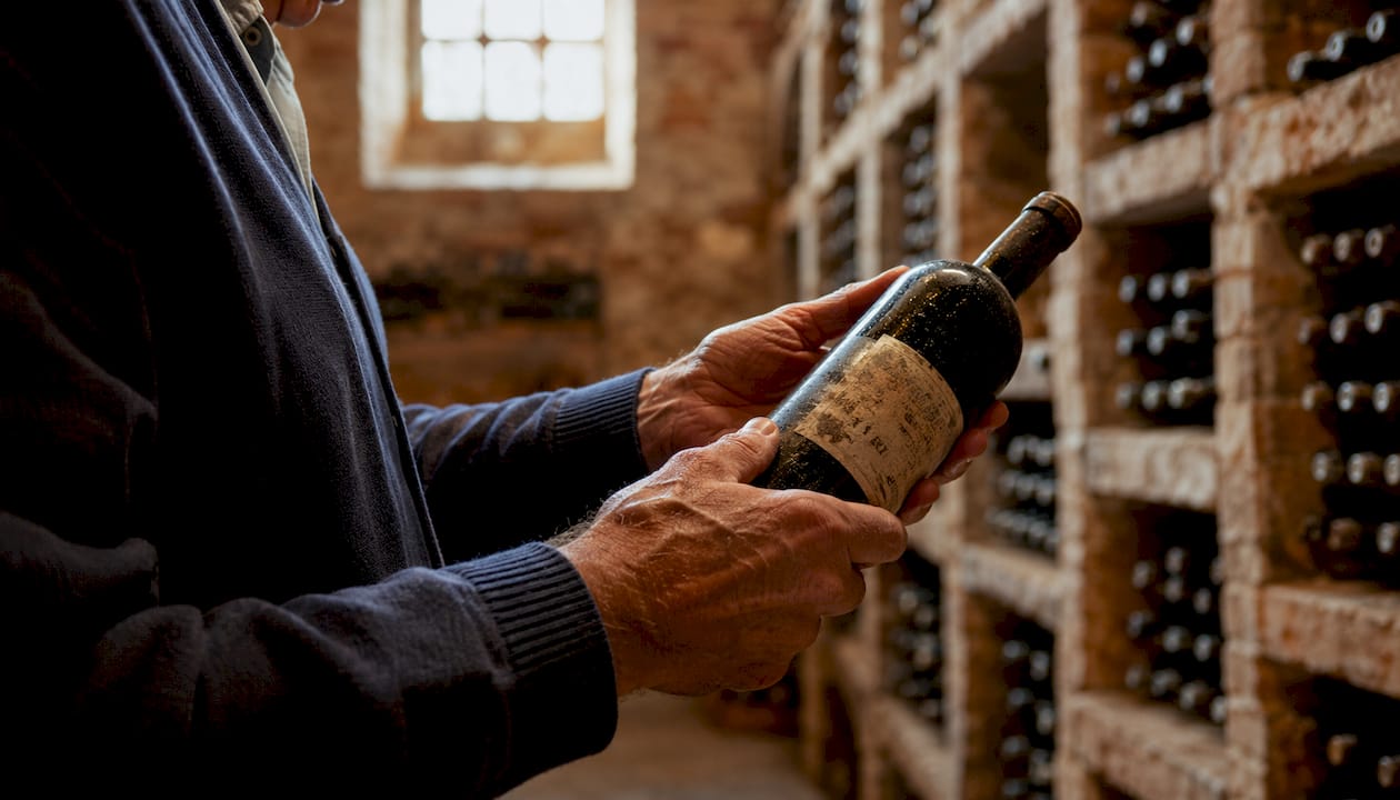 Hands inspecting cellar-aged wine bottle in cellar