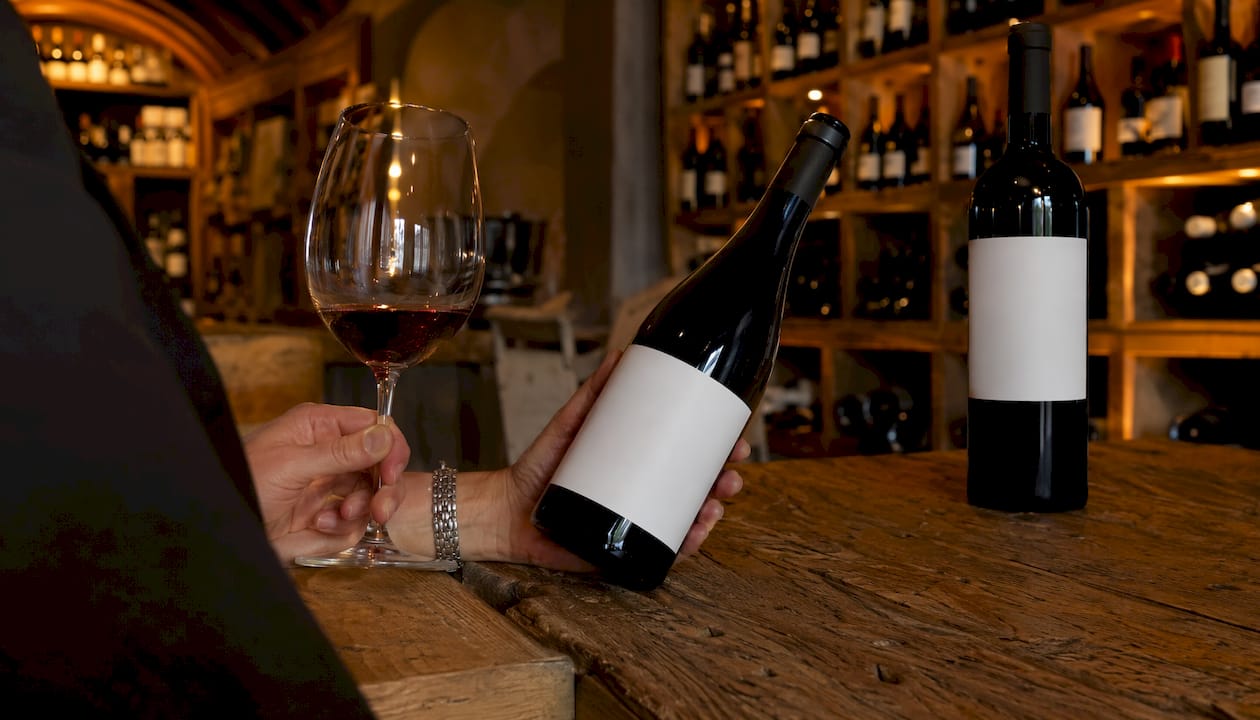 Hands selecting limited-release wine bottle cellar