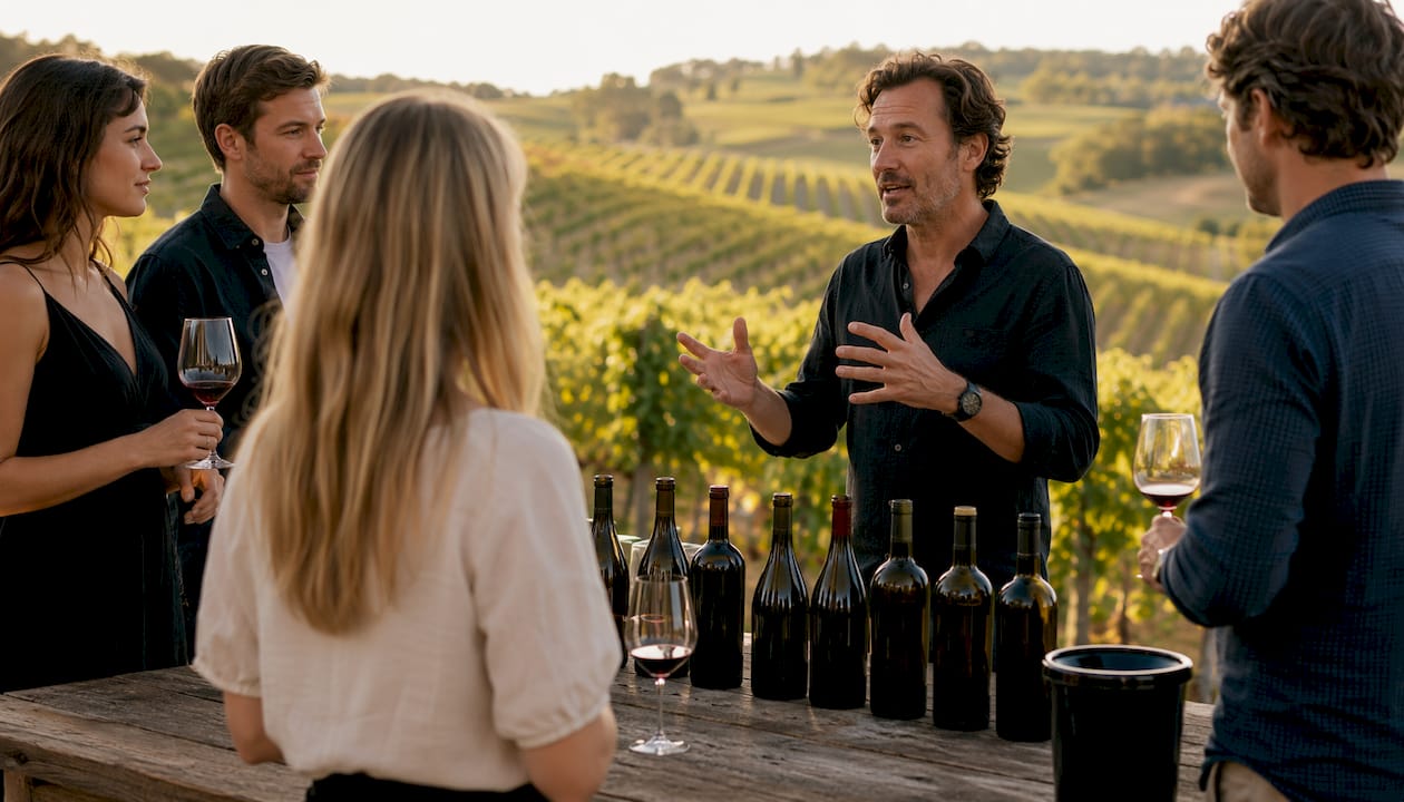 Sommelier explaining wine classification indoors