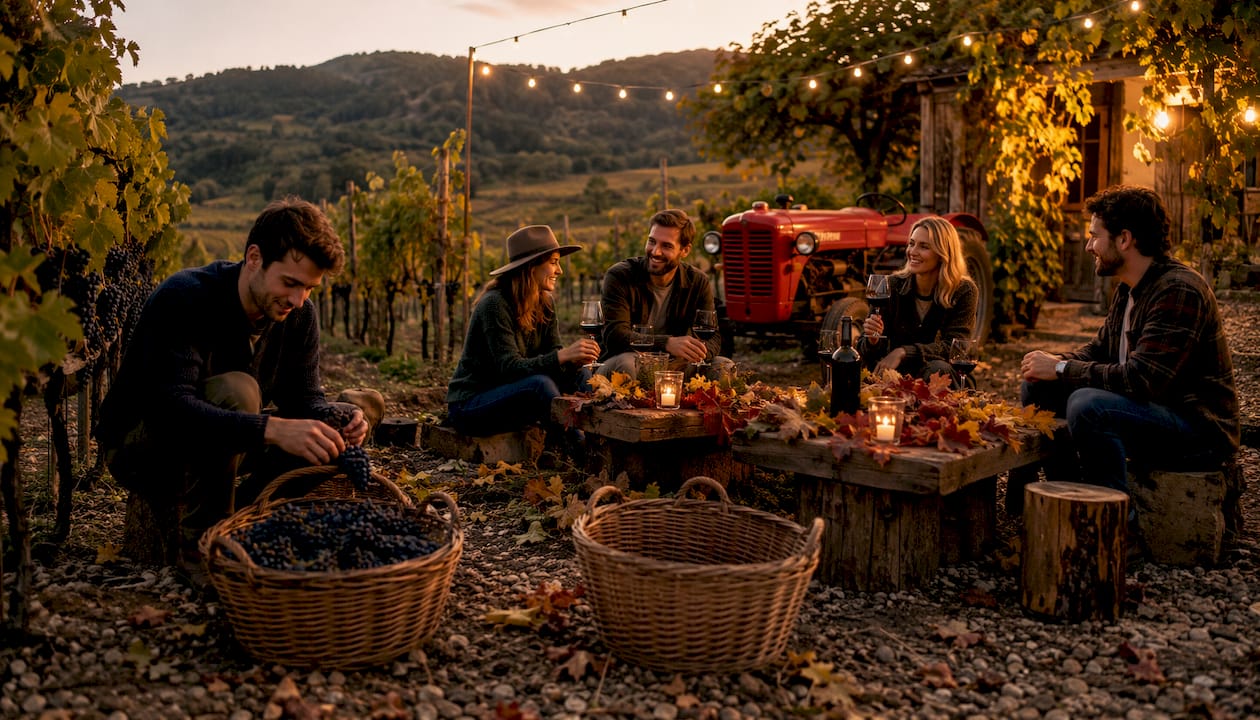 Friends celebrating grape harvest festival outdoors