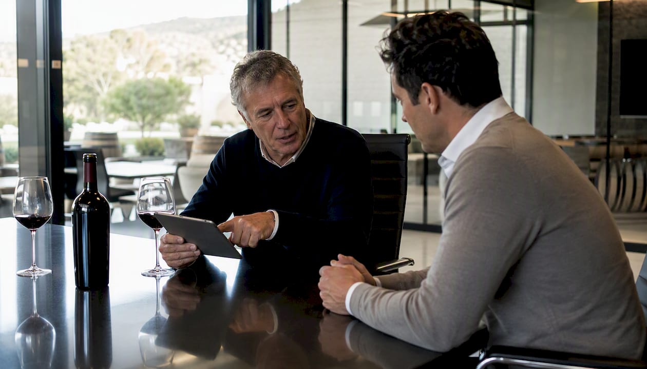 Winemaker discussing allocation with buyer at winery