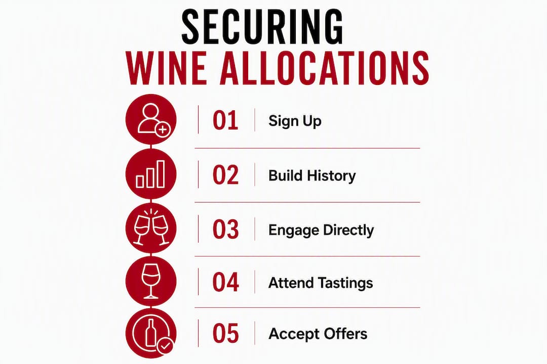 Infographic illustrating steps to secure wine allocations